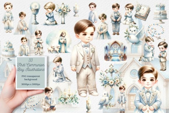 33 Watercolor Boy First Communion Illustrations for Crafting & Cricut Projects