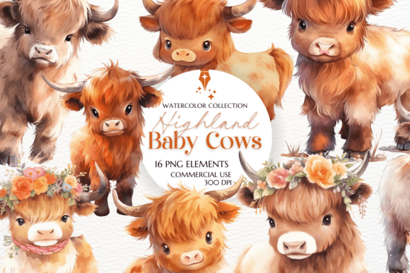 Baby Highland Cows Watercolor Clipart for Etsy & Digital Product Sellers