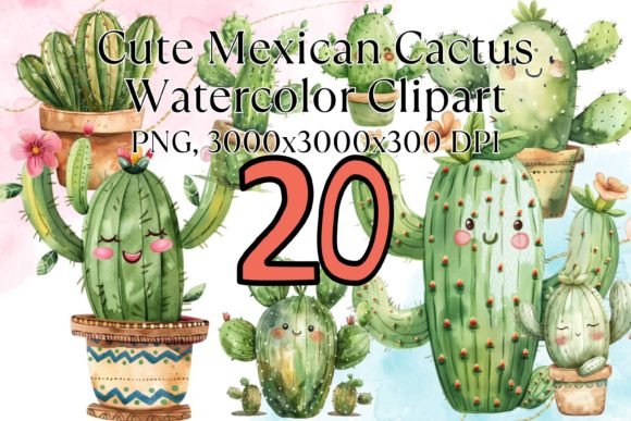 Cute Mexican Cactus Watercolor Clipart for Local Branding & Packaging