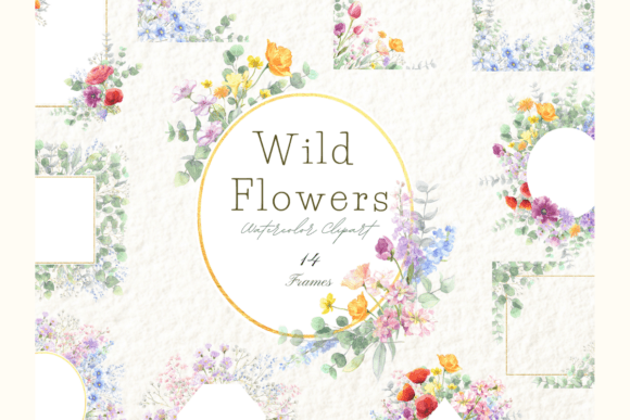 Ethereal Charm: Watercolor Wildflowers Frames Clipart for Branding & Illustrations