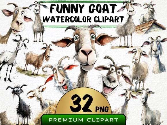Funny Goat Clipart Bundle Watercolor PNG for Lifestyle Branding & Content Kits