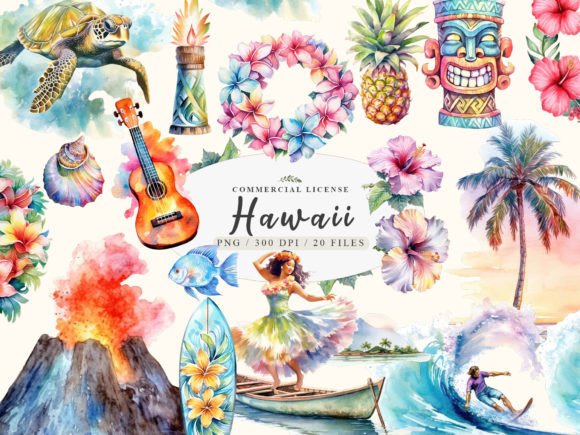 Hawaii Watercolor Tiki Art & Luau Illustrations for Real Crafting Magic