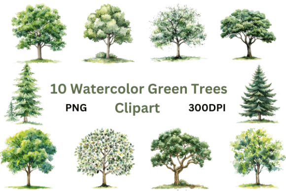Pastel Watercolor Green Trees Clipart