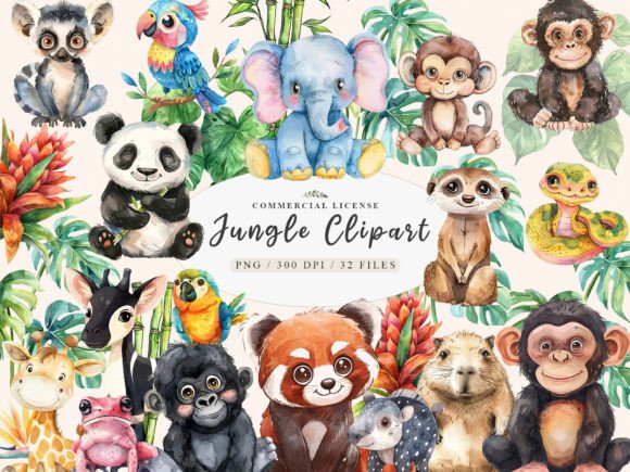 Safari Watercolor Jungle Animals Clipart for Real Crafting & Handmade Business Use