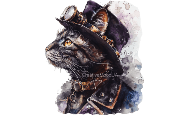 Vintage Steampunk Cat Watercolor Illustration for Crafting & Etsy Sellers