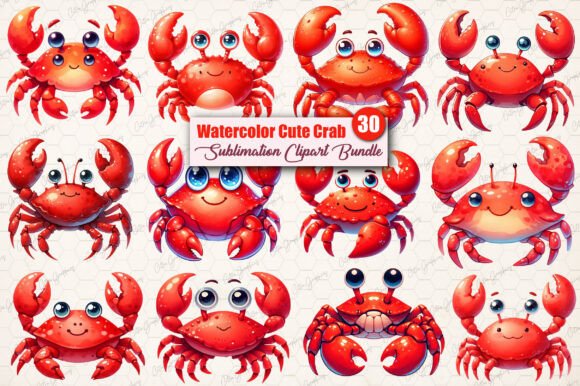 Watercolor Cute Crab Clipart Bundle for Crafting & Illustrations