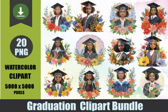 Watercolor Graduation Black Girl Clipart for Local Brand Illustrations