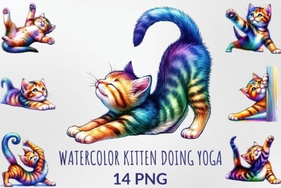 Watercolor Kitten Doing Yoga: A Charming Design for Playful Embroidery Projects
