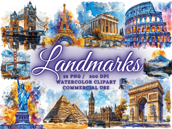 Watercolor Landmarks Clipart for Travel Blogs and Editorial Design