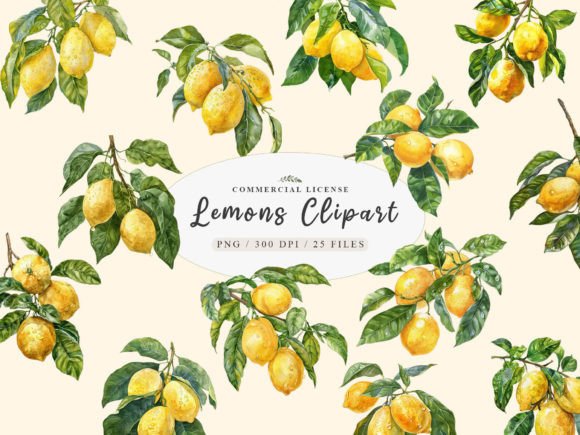 Watercolor Lemons Clipart – A Fresh Touch for Embroidery Projects