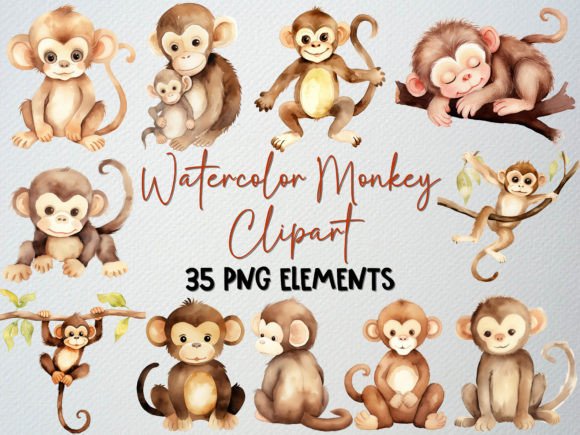 Watercolor Monkey Clipart Set: 35 PNGs for Embroidery Projects