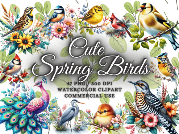 Watercolor Spring Birds Clipart for Local Business Branding & Packaging
