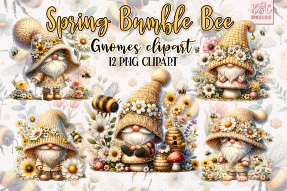 Watercolor Spring Bumble Bee Gnomes Illustrations for Crafters & Handmade Sellers