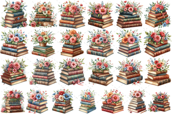 Watercolor Vintage Books & Flowers Illustrations Bundle